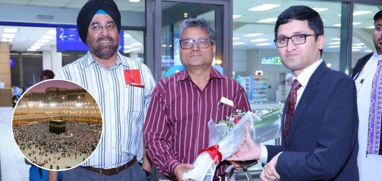 सौदी अरेबियामध्ये अल्पसंख्याक मंत्रालयाचे मुख्य अधिकारी डॉ. चंद्रशेखर कुमार आणि संयुक्त सचिव सीपीएस बक्षी यांचे स्वागत करताना सौदीचे अधिकारी. 