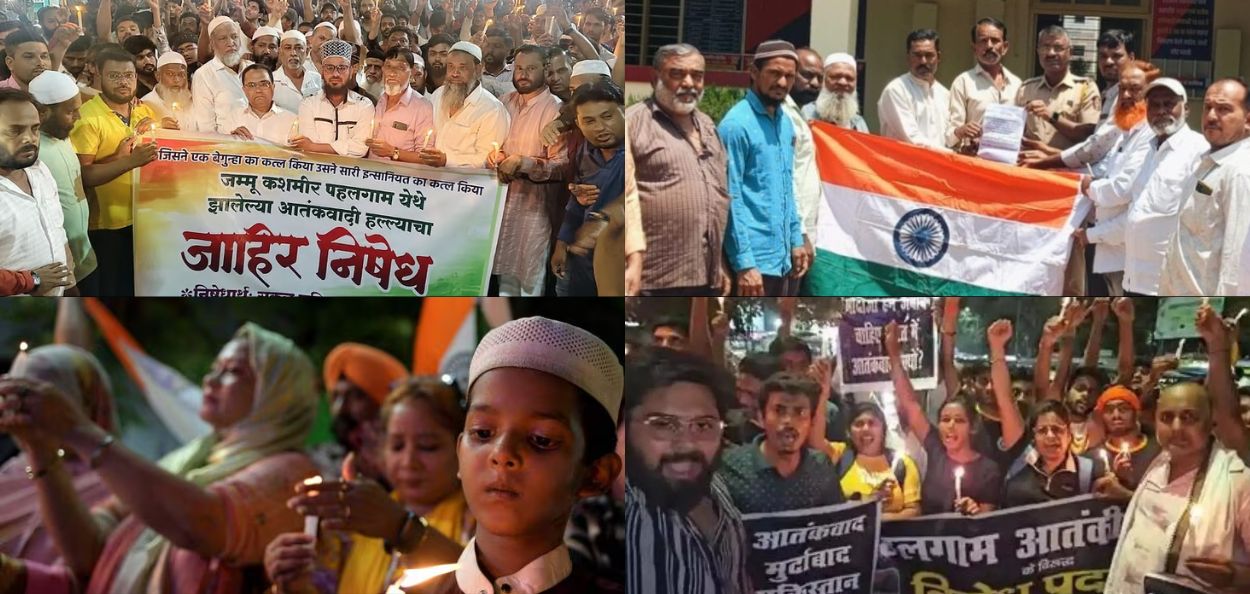 जम्मू-काश्मीरमधील पहलगाम हल्ल्याचा निषेध करताना हिंदू-मुस्लिम समाज 