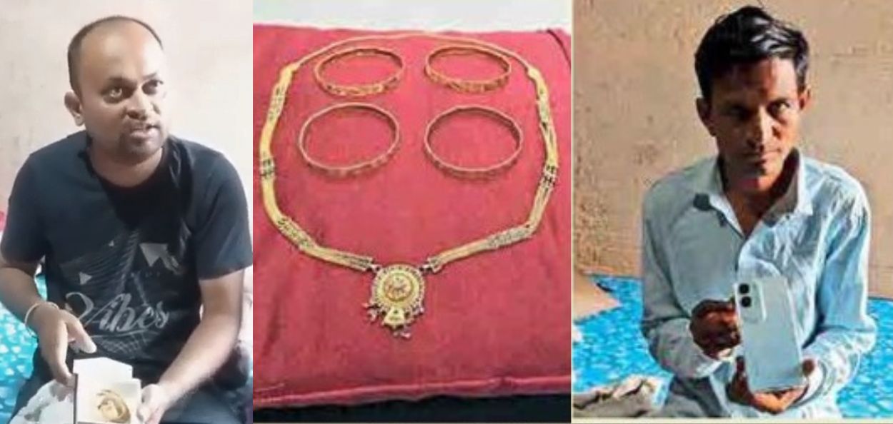 अमीन शेख यांनी भूषण राजपूत यांना सोने परत केल्यानंतर त्यांना बक्षीस म्हणून मिळालेला मोबाईल फोन दाखविताना अमीन शेख