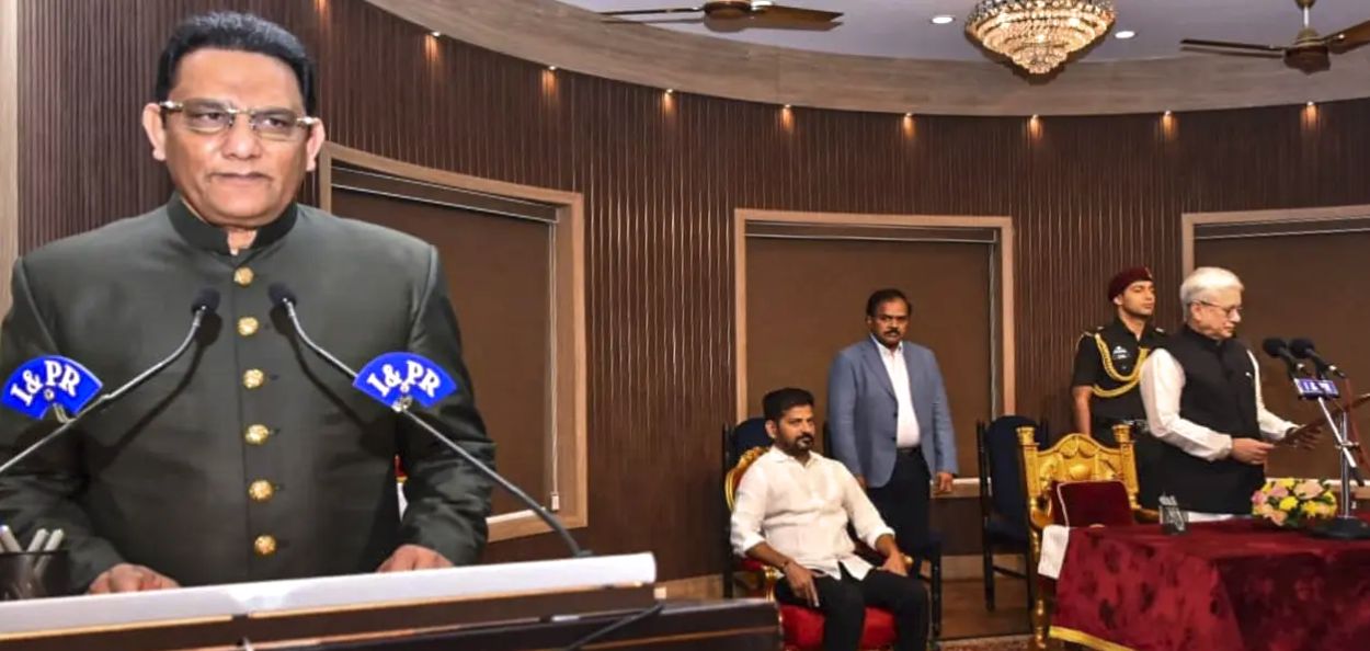माजी भारतीय क्रिकेट कर्णधार मोहम्मद अझरुद्दीन हे तेलंगणा मंत्रिमंडळात मंत्री म्हणून शपथ घेतानाचे क्षण 