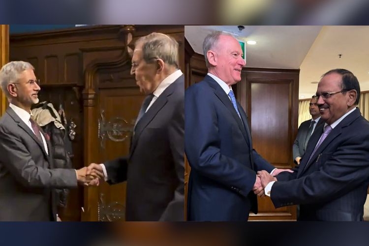 डावीकडून भारताचे परराष्ट्रमंत्री एस. जयशंकर यांच्यासमवेत रशियाचे परराष्ट्रमंत्री सर्गेई लावरोव्ह आणि भारताचे राष्ट्रीय सुरक्षा सल्लागार अजित डोवाल यांच्यासमवेत रशियाच्या 'मेरीटाइम बोर्ड'चे अध्यक्ष निकोलाय पात्रुशेव 