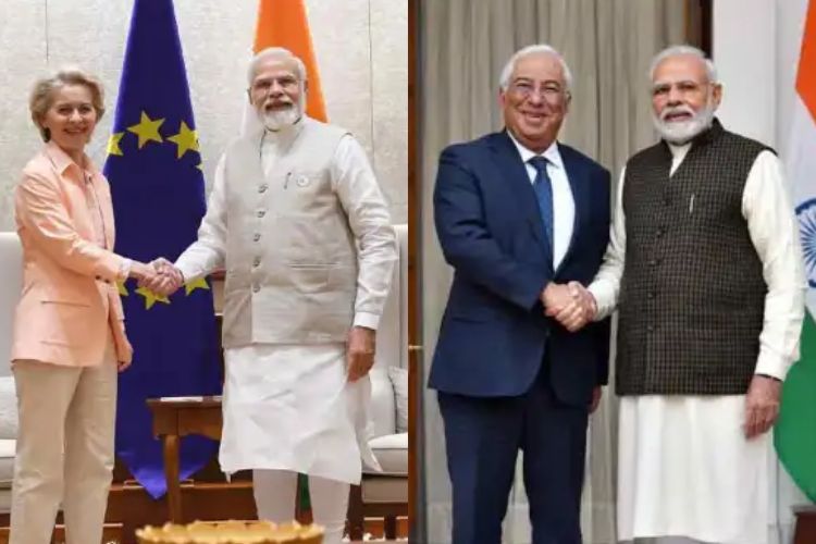 पंतप्रधान नरेंद्र मोदी यांच्यासमवेत युरोपियन आयोगाच्या अध्यक्षा उर्सुला वॉन डर लेन आणि युरोपियन कौन्सिलचे अध्यक्ष अँटोनियो कोस्टा