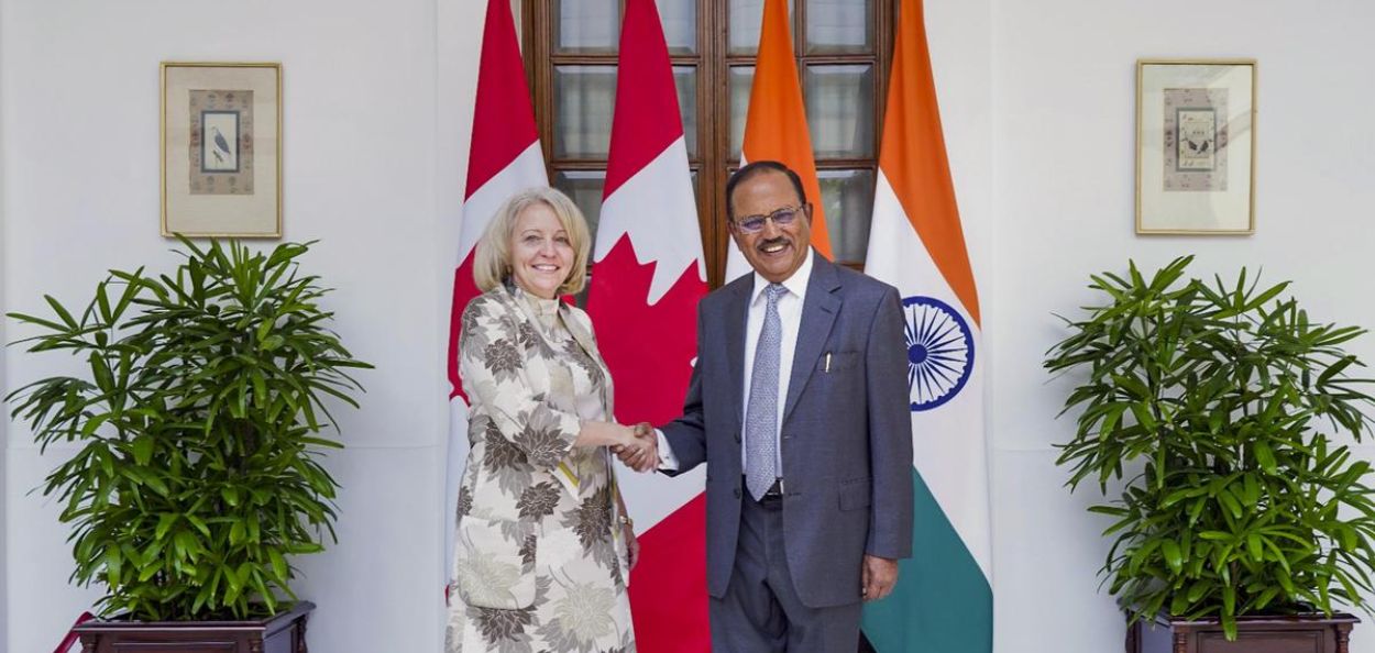 National Security Advisor Ajit Doval with his Canadian counterpart Nathalie Drouin. | Photo Credit: PTI