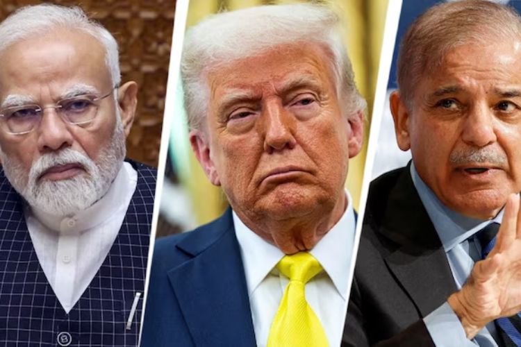 डावीकडून पंतप्रधान नरेंद्र मोदी, अमेरिकेचे राष्ट्राध्यक्ष डोनाल्ड ट्रम्प, पाकिस्तानचे पंतप्रधान शाहबाज शरीफ 