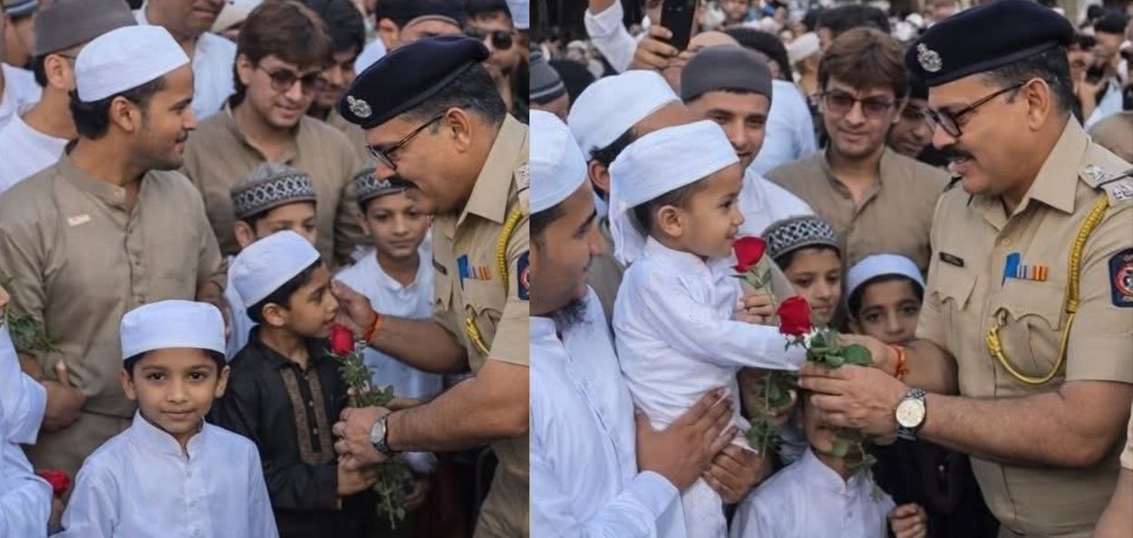 ईदच्या दिवशी दारुलफलाह मस्जिदीबाहेर नमाजींना फुले देताना पोलीस अधिकारी 
