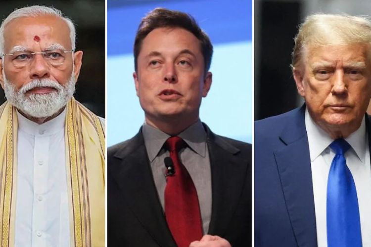 डावीकडून भारताचे पंतप्रधान नरेंद्र मोदी, अब्जाधीश एलन मस्क, अमेरिकेचे राष्ट्राध्यक्ष डोनाल्ड ट्रम्प