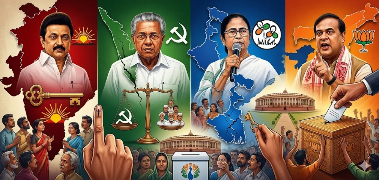 Exit Polls 2026: BJP Takes the Lead in Bengal and Assam, While the Opposition Holds the Upper Hand in the South,AI photo, info-Hashmi