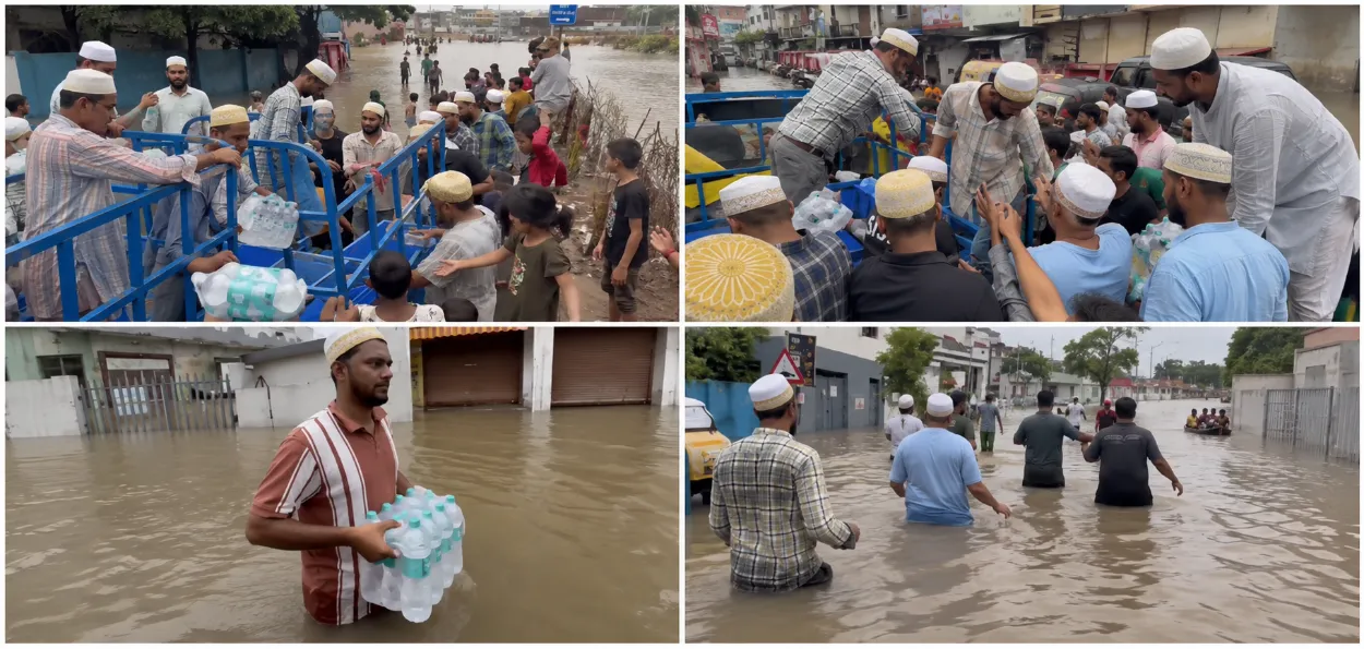 गुजरात महापुरात बाधित नागरिकांना अन्न आणि मदत साहित्य वाटप करताना मुस्लिम तरुण आणि स्वयंसेवक