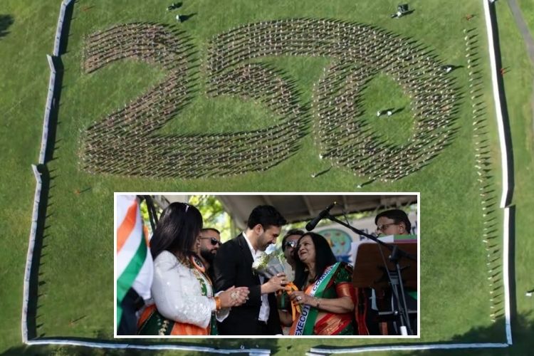  भारताच्या ८० व्या स्वातंत्र्यदिनानिमित्त न्यू जर्सी येथे आयोजित कार्यक्रमात गिज गिनीज वर्ल्ड रेकॉर्ड करताना भारतीय समुदाय व मानमान्य व्यक्ती.