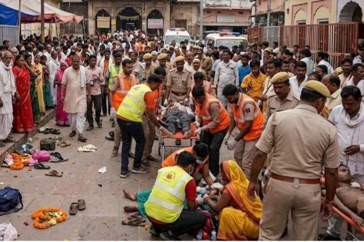  लखीसराय येथील अशोक धाम मंदिरा जवळ श्रावण सोमवारी चेंगराचेंगरीत सात जणांचा मृत्यू झाल्यानंतरचे घटनास्थळ