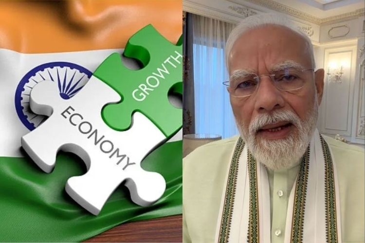 भारतीय अर्थव्यवस्थेच्या वाढीचे प्रतीकात्मक छायाचित्र आणि  पंतप्रधान नरेंद्र मोदी