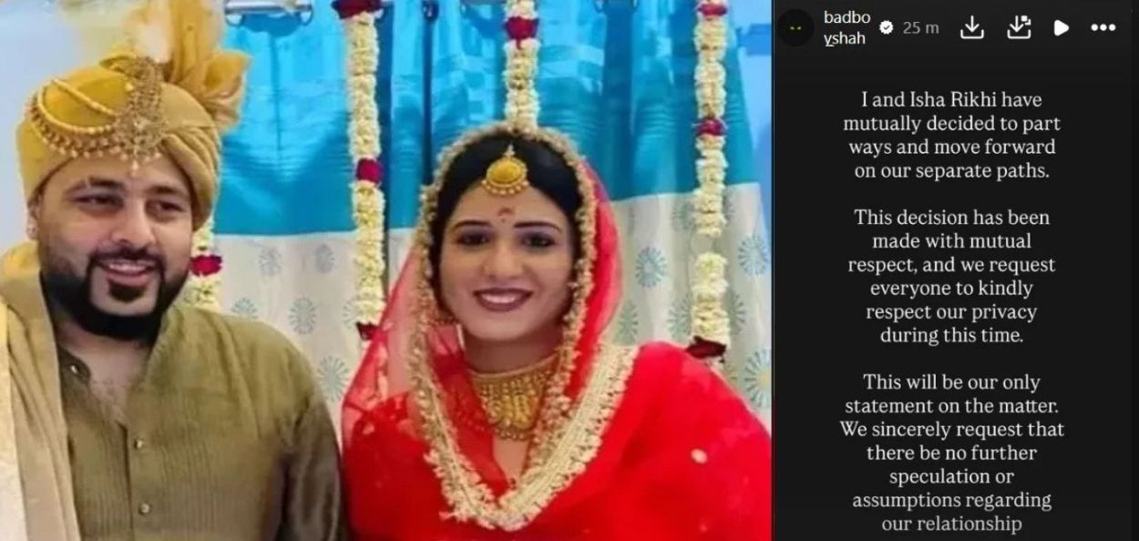 प्रसिद्ध रॅपर बादशहा आणि अभिनेत्री इशा रिकही यांच्या घटस्फोटाच्या घोषणेची पोस्ट