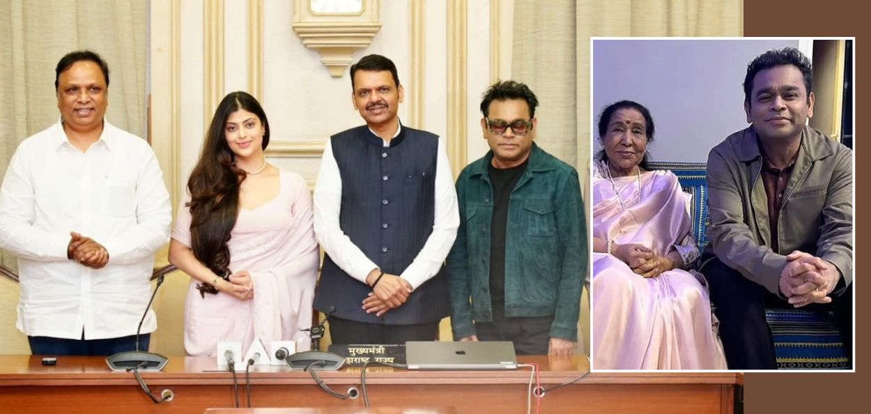 मुंबईत आयोजित कार्यक्रमादरम्यान 'आशा फॉरेव्हर' गाणे रिलीज करताना मुख्यमंत्री देवेंद्र फडणवीस, संगीतकार ए. आर. रहमान आणि मान्यवर.
