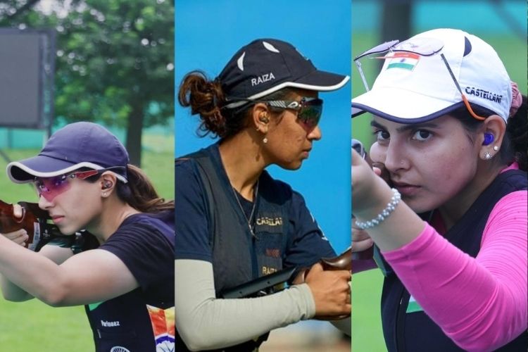 आशियाई क्रीडा स्पर्धेत महिलांच्या स्कीट प्रकारात कांस्यपदक जिंकणाऱ्या रायझा ढिल्लों, महेश्वरी चौहान आणि परिनाज धालीवाल.