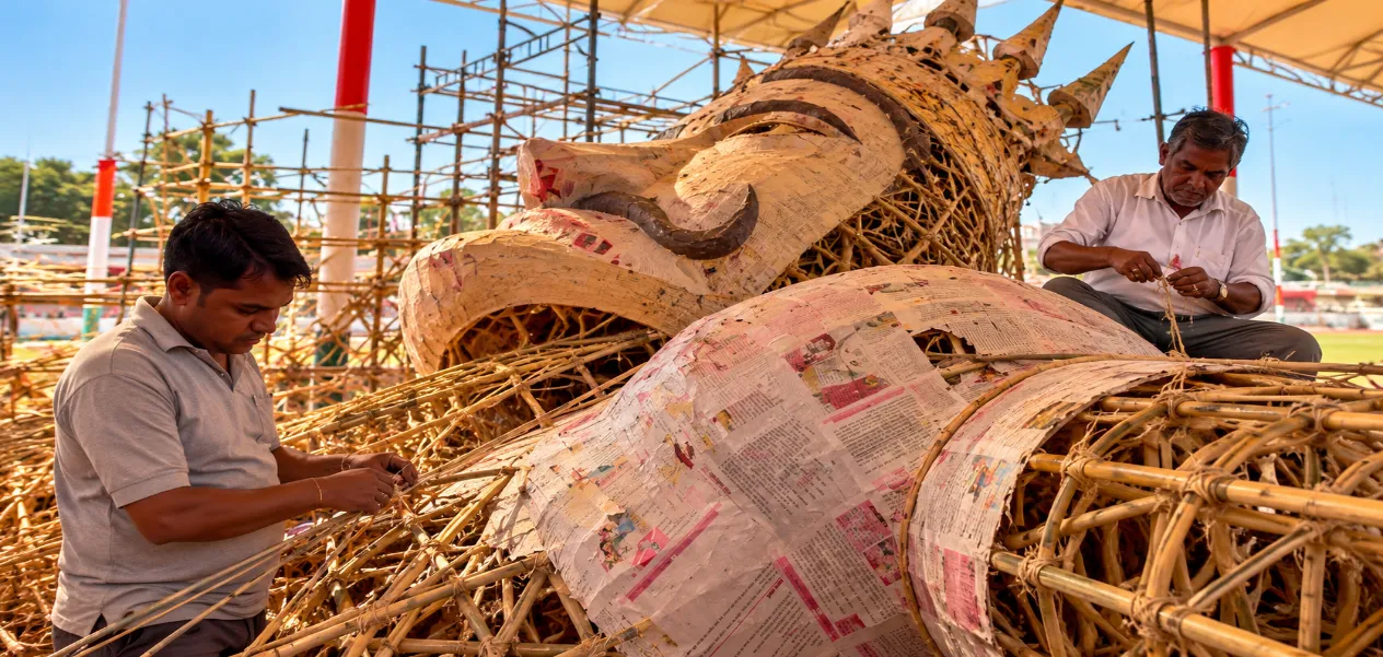 अजमेरमधील पटेल मैदानात ६५ फुटांच्या रावणाच्या पुतळ्याला अंतिम रूप देताना कारागीर शब्बीर अहमद