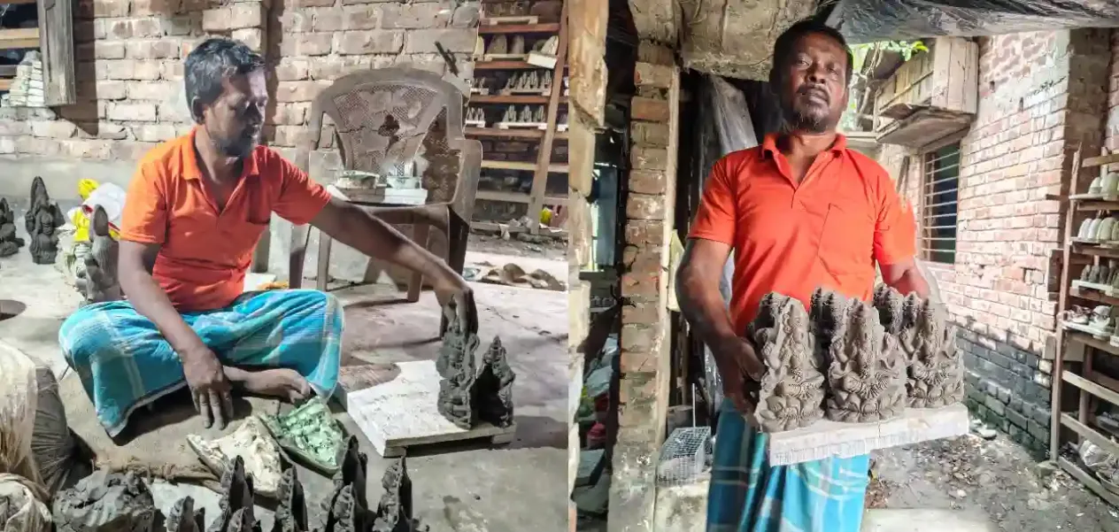 पश्चिम बंगालच्या दत्तपुकुर येथील मुस्लिम मूर्तिकार शरीफुल इस्लाम हिंदू देवी-देवतांच्या सुबक मूर्ती घडवतानाचे प्रातिनिधिक चित्र